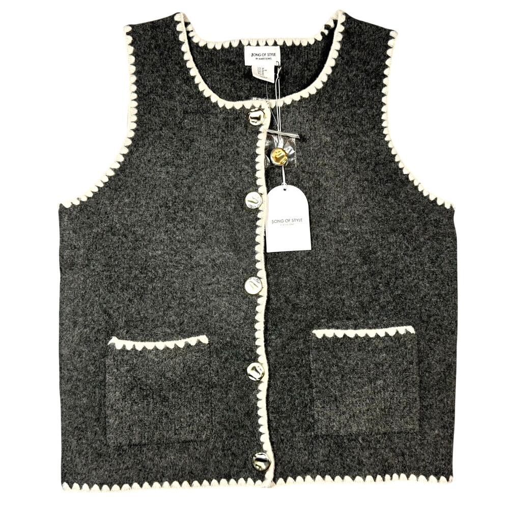 NWT Revolve Song of Style‎ Aimee Song Gray & Ivory Sweater Vest Gold Buttons - M